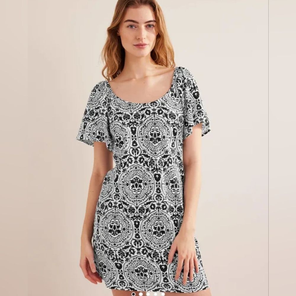 Boden Scoop Neck Jersey Exotic Tile Mini Dress Size 14 NWT